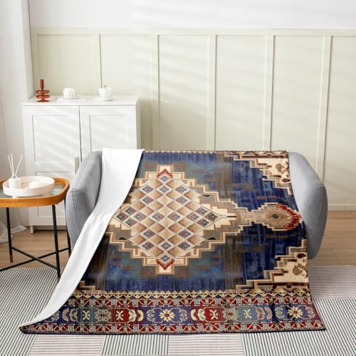 Erosebridal Boho Blanket Queen Inch, Boho Exotic Throw Blanket, Retro Blue Yellow Ombre Red Floral Bohemian Tribal Fleece Blanket, Vintage Antique Lattice Grid Damask Medallion Egyptian Fuzzy Blanket - color: Multi 01, size: Queen