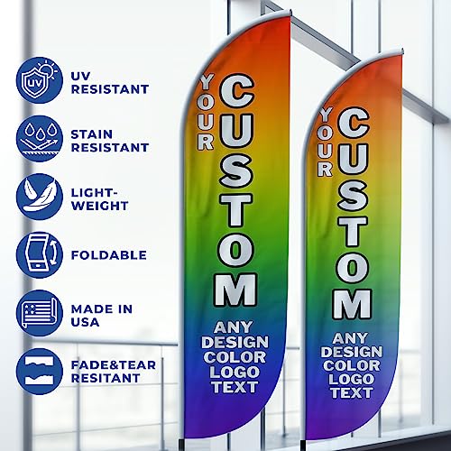 Custom Feather Flag by DreamController, Personalized Swooper Flag with Photo, Text or Logo, 11.5x2.5 FT Single-Sided HD Print, Optional Add-On 15 FT Pole Kit & Ground Spike, Made in USA, Fast Delivery - color: Feather Flag +/– Ground Spike Kit Custom