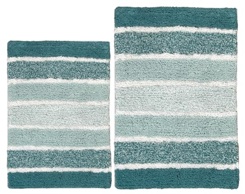 Chardin home Cordural Stripes Bath Mat, Set of 2 Bath Rugs (17x24 Inches & 21x34 Inches) | Non Slip Bathroom Rug, Machine Washable, Plush, Highly Absorbent | Teal Blue-Green-White - color: Teal Blue/Green