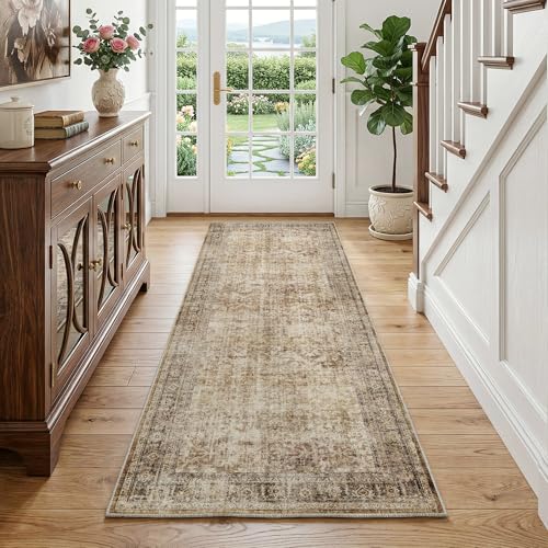 FMFUNCTEX 2x6 Hallway Runner Rug Brown Neutral Vintage Washable Distressed Non Slip Low Pile Oriental Indoor Carpet Soft Retro Entryway Rug for Kitchen Laundry Entrance Entry Living Room Bedroom - color: Brown, size: 2' x 6' (Rectangular)