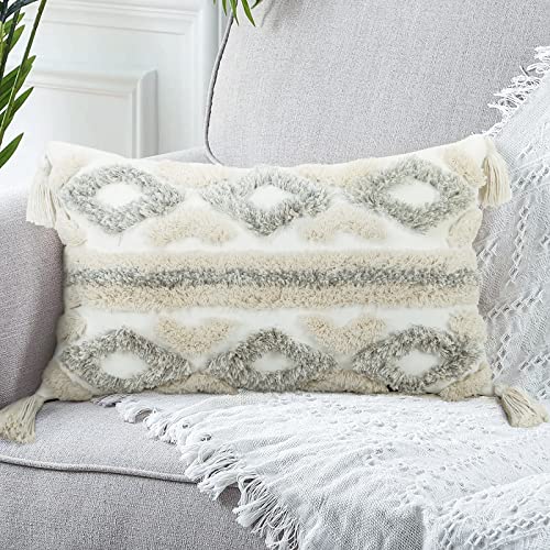 Merrycolor White Grey Boho Throw Pillow Covers 12x20 with Tassels Tufted DecorativeThrow Pillows Neutral Accent Pillowcase Farmhouse Square Cushion Covers for Couch Sofa Bedroom Living Room - color: Grey and White 2, size: 20" x 12" (Pack of 1)