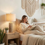 BOBOMOMO Boho Lamps Set of 2, 25.5" Coastal Farmhouse Bedside Lamps, Resin Woven Rattan-Look Nightstand Lamps with Linen Shade & Rotary Switch for Bedroom Living Room Home Decor