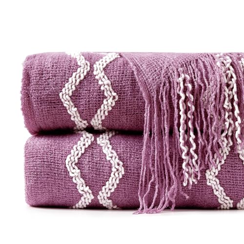 BOURINA Fluffy Chenille Knitted Fringe Throw Blanket Lightweight Soft Cozy for Bed Sofa Chair Throw Blankets Deep Purple 50" x 60" - color: A-purple, size: 50"×60"