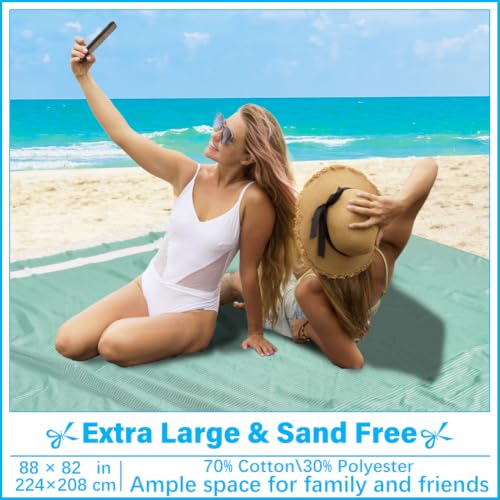 Vikumond Oversized Turkish Beach Towel Blanket XXL Cotton Sandproof Towels Boho Woven Extra Large Big Sand Free Giant Throw Blankets Huge Quilt XL Picnic Camping Necessities Cloud for Adult Gifts - color: Woven Green, size: Xxxl(88x82 In,224x208 Cm)