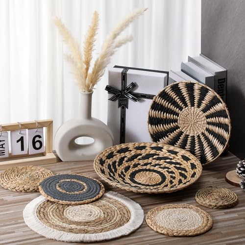 CroBlissful 7 Pcs Boho Wall Basket Decor Hanging Handcrafted Seagrass Woven Round Bohemian Basket Wall Decoration Art for Farmhouse Home Room Rustic Decorations Table, Multi Sizes(Classic) - style: Classic