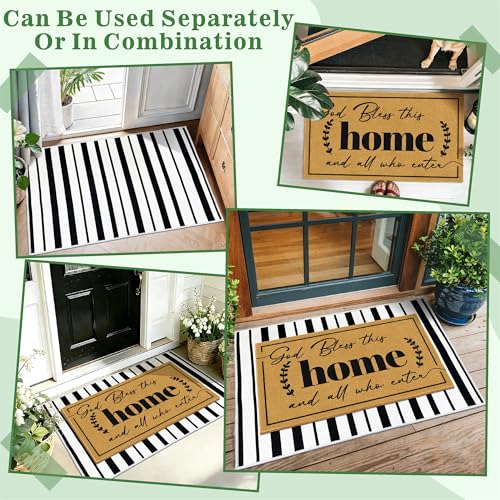 2 Pcs Coir Door Mat Welcome Mats for Front Door Black White Striped Layering Rug for Porch Outdoor Entrance Doormats Non Slip God Bless Matt for Religious Gifts Christian Rugs for Patio 23.6"x35.4" - color: 2 Pcs Coir Home