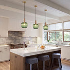 BOKT Mid Century Modern Green Glass Pendant Light Large Gold Globe Kitchen Island Pendant Light Fixture Minimalist Anti Brushed Brass Round Ceiling Hanging Pendant Lamp (7.9" Green) - color: Green