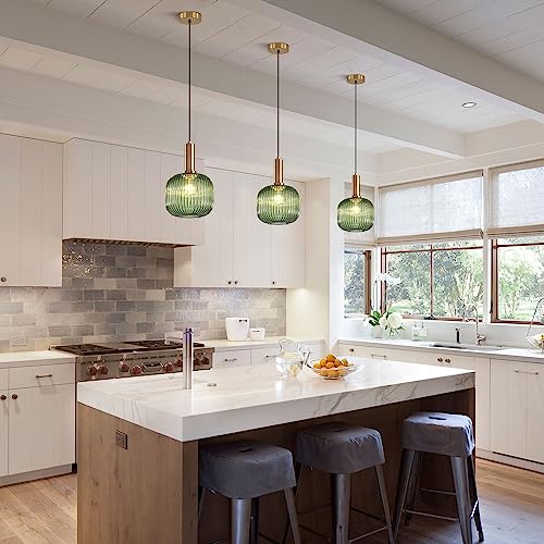 BOKT Mid Century Modern Green Glass Pendant Light Large Gold Globe Kitchen Island Pendant Light Fixture Minimalist Anti Brushed Brass Round Ceiling Hanging Pendant Lamp (7.9" Green) - color: Green