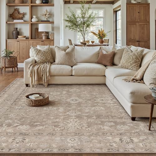 HUGEAR 8x10 Washable Vintage Area Rug Light Brown Neutral Distressed Low Pile Non Slip Soft Carpet Indoor Large Throw Rug for Living Room Bedroom Dining Room Home Office - color: Light Brown, size: 8' x 10' (Rectangular)