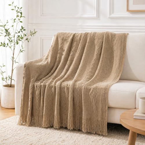 BATTILO HOME Boho Farmhouse Throw Blanket for Couch & Bed | Soft Polyester Fringe, 50x60 Tan Taupe Living Room Decor - color: Tan, size: 50 x 60 in.