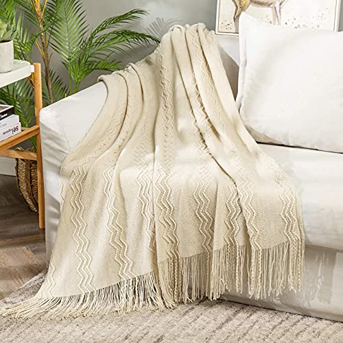 MIULEE Knitted Beige Throw Blanket Soft Sofa Knit Blanket for Couch 50 x 60 Inches, Solid Cozy Lightweight Wave Pattern Decorative Blankets with Tassels for Women - color: Beige, size: 50" x 60"