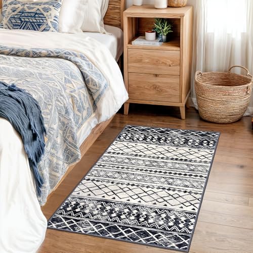 KUTA Moroccan Area Rugs 2x3, Black Navy Blue Entryway Rug Non-Slip Washable Small Indoor Door Mat, Ultra Soft Print Vintage Geometric Low-Pile Floor Carpet for Entrance, Kitchen - color: Beige/Black Navy Blue, size: 2' x 3' (Rectangular)