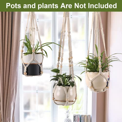 3-Pack Macrame Plant Hanger Indoor - Hanging Planter Basket for Indoor Outdoor - Decorative Boho Plant Holders Set with Beads - Ceiling Flower Pot Holder with 6 Hooks - 35"/30"/24" White - color: White