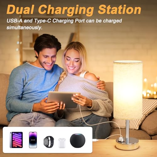 Dicoool Touch Table Lamp for Bedroom, 3 Way Dimmable Bedside Lamp with USB C & A Charging Ports - Small Desk Lamp for Dorm Room, College, Kids, Office, Living Room, White - color: Light Beige-Silver Metal, size: 14in