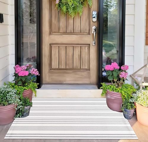 Grey and White Striped Outdoor Rug 24'' x 35'' Door Mat Outdoor Machine Washable Welcome Mats Cotton Hand-Woven Entryway Rug for Front Porch/Entryway/Laundry/Bathroom/Bedroom - color: Grey Striped, size: 2' x 3' (Rectangular)