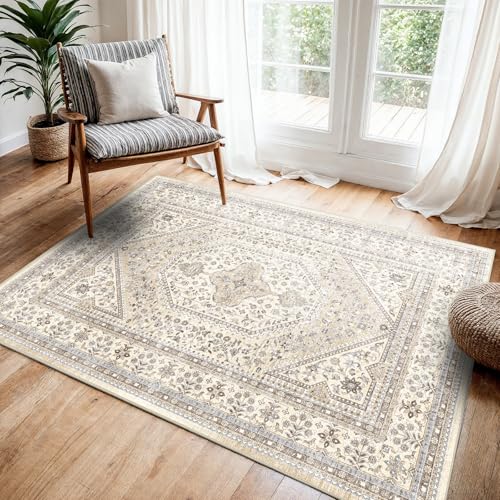 Washable 3x4 Area Rug for Entryway - Bedroom Rugs with Non Slip Rubber Backing for Kitchen Bathroom Indoor Soft Stain Resistant Carpet Rug for Pet Feeding Area and Distressed Floor Decor Beige/Gray - color: Beige/Gray, size: 3' x 4' (Rectangular)