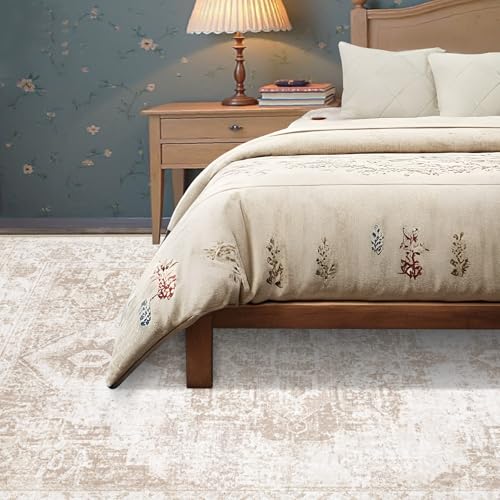 Area Rug 6x9 Vintage Rug: Washable Indoor Medallion Rugs Low Pile Distressed Floor Carpet Retro Accent Rug for Living Room Bedroom Kitchen Dining Table Home Office(Beige, 6'x9') - color: Beige, size: 6' x 9' (Rectangular)