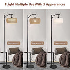 Arc Floor Lamp with Remote Control, Dimmable LED Floor Lamp with 3 Color Temperature, Black Standing Lamp with Rattan & Fabric Double Drum Shade, Boho Farmhouse Tall Pole Lamp for Living Room Bedroom - style: Bohemian