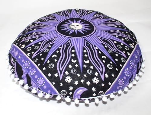 Round Mandala Floor Pillow Cover Seating Cushion Throw Cover Hippie Decorative Bohemian Ottoman Pouf Cover, Pom Pom Pillow Cases,Boho Indian 32 Inches Purple Burning Sun - color: Purple, size: 32" Round