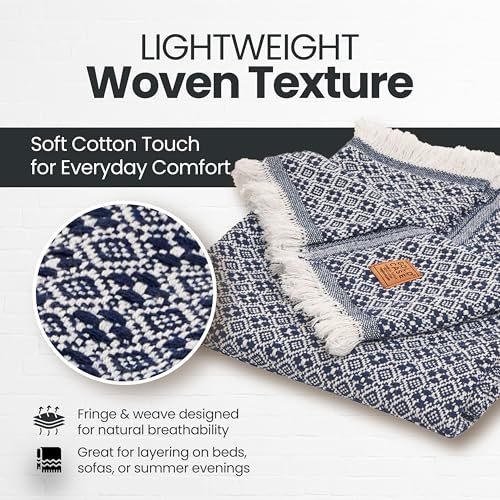 Gold Case Throw Blanket for Couch - 100% Recycled Turkish Cotton Blankets & Throws - Retro Soft Throw Blankets for Living Room - Boho Decorative Woven Couch Blanket - 50x60 - Navy Blue - color: Retro Navy Blue, size: 50x60"