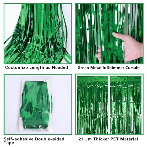 2 Pack Green Tinsel Curtain Party Backdrop, 3.2Ft x 8.2Ft Metallic Tinsel Foil Fringe Curtains Photo Booth Props Background for Christmas St Patrick’s Day Safari Tropical Bachelorette Decorations - color: Metallic Gren