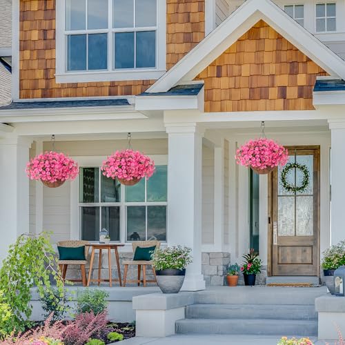 Artificial Faux Hanging Plants Flowers Basket for Outdoors Outside Spring Summer Decoration, Silk Pink Morning Glory in Planter UV Resistant Look Real Fake Flowers for Porch Patio Balcony Home Yard - color: Gradient Pink