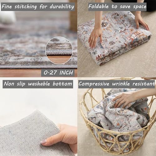 CHAMPLANT 5x7 Washable Area Rug Gray Vintage Traditional Floor Cover Foldable Thin Kitchen Accent Indoor Distressed Non Slip Carpet Floral Print Mat Bedroom Living Room Bathroom - color: Grey, size: 5' x 7' (Rectangular)