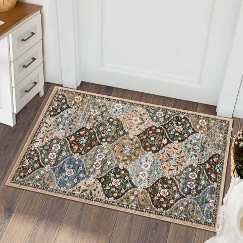 ROYHOME Small Rug Moroccan Trellis Washable Area Rug Doormat Stain Resistant Non-Slip Entryway Rug Distressed Floral Floor Cover for Indoor Front Entrance Kitchen Bathroom, Taupe/Brown, 2' x 3' - color: Taupe/Brown, size: 2' x 3' (Rectangular)
