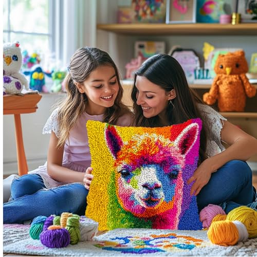 DIY Latch Hook Pillow Kits for Adults Rainbow Alpaca Printed Pillowcase Crochet Yarns Hooking Handmade Pillow Cover Cushion for Home Sofa Decoration 17x17inch-4 - color: 06-Rainbow Alpaca