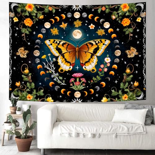 Delur Butterfly Moon Flower Tapestry Botanical Floral Plant Boho Tapestry Wall Hanging Mandala Aesthetic Mushroom Retro Vintage Headboard for Bedroom Living Room Home Decor (51.2" x 59.1") - color: Butterfly Moon, size: 51.2"L x 59.1"W