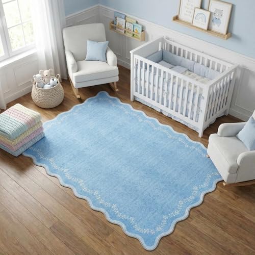 GarveeHome 4x6 Blue Scalloped Washable Area Rug for Nursery Room, Solid Floral Soft Bedroom Rug Non Slip Low Pile Small Carpet Stain Resistant Throw Rug for Dorm Kids Room Office Dining Room - color: Baby Blue, size: 4' x 6' (Rectangular)