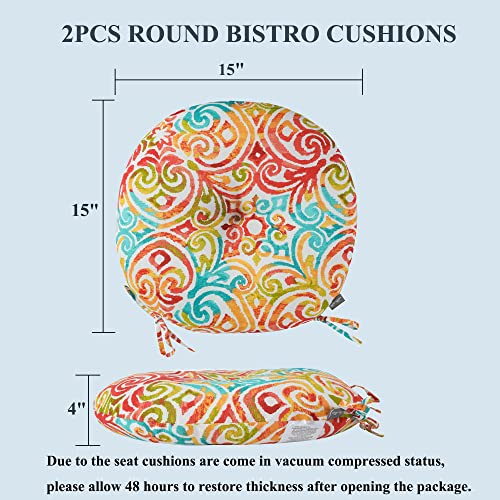 FUNHOME Outdoor Round Bistro Chair Cushions with Ties, Fluffy Tufted Patio Chair Pads 15"x15"x4", Set of 2 Water-Resistant Round Outdoor Chair Cushions for Home Garden (Corinthian Dapple) - color: Corinthian Dapple
