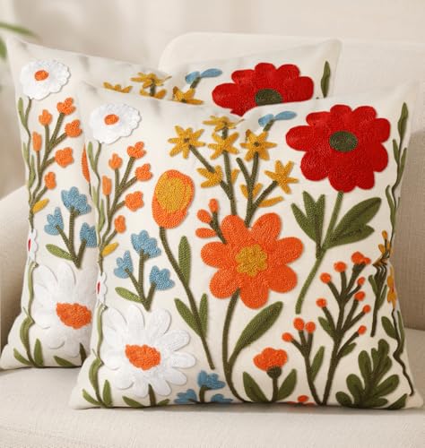 Embroidered Throw Pillow Covers 18x18 Inch - Set of 2 Summer Spring Boho Decorative Pillow Covers with Zipper for Living Room Couch Sofa Bed Aesthetic Design Flower Cluster Cushion Pillowcases - color: Flower Cluster, size: 18" x 18" (Pack of 2)