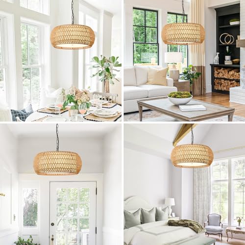 19 Inch Boho Chandeliers for Dining Room 5-Lights Farmhouse Light Fixtures Large Pendant Light Hand Woven Dining Table Light Fixture Rattan Hanging Lamp for Kitchen Island - size: 19 Inch