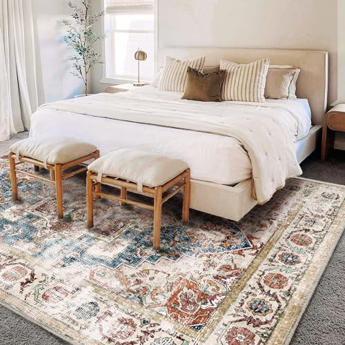 CHAMPLANT Washable Area Rug 10'x14' Beige Blue Boho Chic Medallion Distressed Design Non-Shedding Easy Care Ideal for High Traffic Areas in Living Room Bedroom Office Coffee Table Large Carpet - color: Beige and Blue, size: 10' x 14' (Rectangular)
