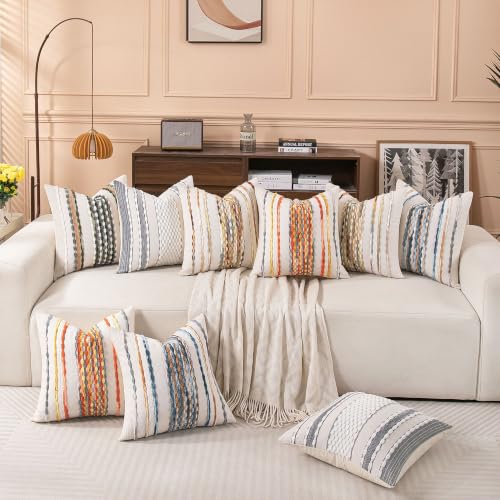 Boho Striped Throw Pillow Covers 18x18 Inch Set of 2 Farmhouse Square Decorative Pillow Covers Chenille Tufted Accent Neutral Pillowcase Caramel Brown Blue Cushion Cover for Couch Sofa Bed - color: Caramel Brown Blue