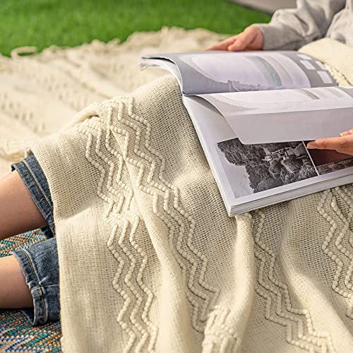 MIULEE Knitted Beige Throw Blanket Soft Sofa Knit Blanket for Couch 50 x 60 Inches, Solid Cozy Lightweight Wave Pattern Decorative Blankets with Tassels for Women - color: Beige, size: 50" x 60"