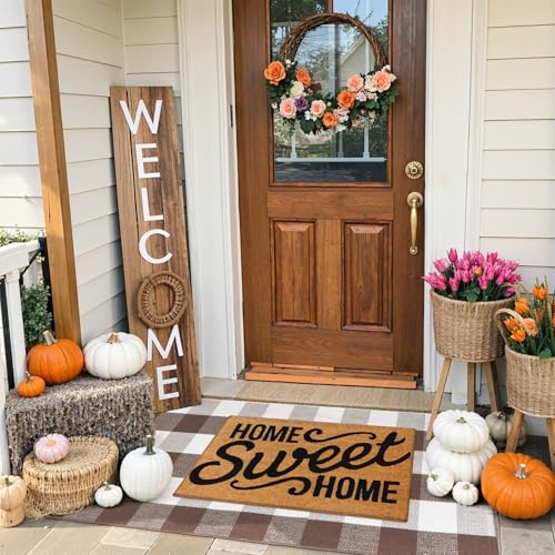 KIMODE Fall Decor Front Door Mat Buffalo Plaid Outdoor Rug 24"x51" Brown and White Checkered Rug Farmhouse Fall Thanksgiving Front Porch Rug Cotton Washable Layered Doormats Autumn Mats - color: Coffee/White, size: 2' x 4'3" (Rectangular)