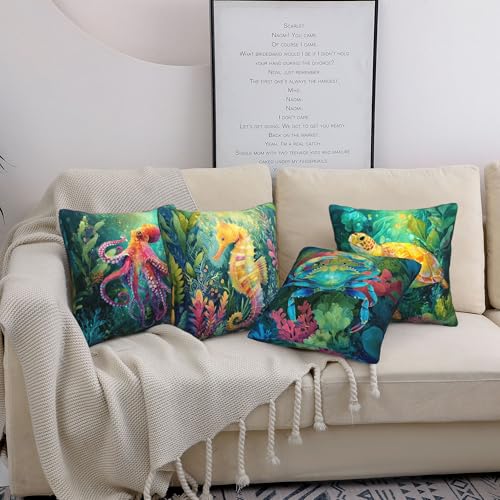 Coastal Beach Throw Pillow Covers 18 X 18 Inch Set of 4 Decorative Cushion Cover Home Decor for Sofa Chair Couch Bedroom Living Room - color: Coastal Beach