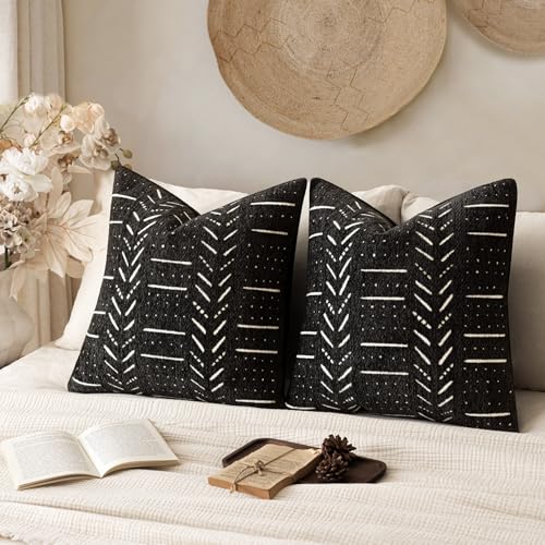 Home Décor Decorative Boho Accent Chenille Throw Pillow Covers,Textured Neutral Cozy Cushion Covers,Soft Farmhouse Pillowcase for Couch Sofa Chair Bed Living Room, 18×18 Inch, Set of 2, Black - color: Black, size: 18" x 18" (Pack of 2)