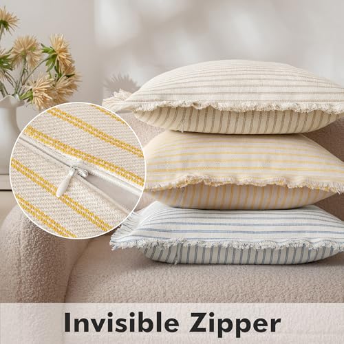 MIULEE Pack of 2 Yellow Pillow Covers 20x20 Inch Striped Farmhouse Couch Spring Throw Pillow Covers with Fringe Chic Cotton Decorative Cushion Covers for Summer Sofa Living Room Bed Outdoor Home Decor - color: Yellow, size: 20" x 20" (Pack of 2)