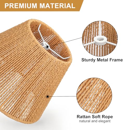 Small Rattan Lamp Shades Set of 2, Boho Lamp Shades for Table Lamps, 5.5" Top x 10" Bottom x 6.6" High, Wicker Lampshade Replacement for Bedroom, Hand Woven, Spider, Bulb Clip Adapters Included - color: Brown Rattan