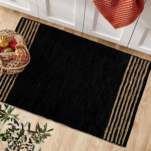 GRUHUM Black Jute Area Rug 2x3ft - Natural Fiber Rectangular Black Leather Handwoven Boho Farmhouse Soft Braided Vintage Eco Friendly Rugs Indoor Living Room Kitchen Hallways Enterways Doormat 2x3 ft - color: Natural Black- 20, size: 2' x 3' (Rectangular)