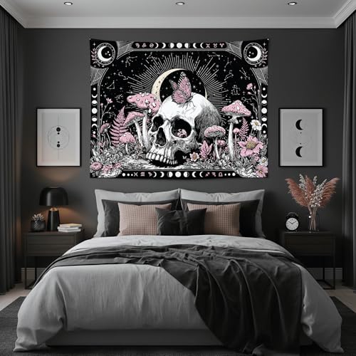 Accnicc Gothic Skull Tapestry Goth Skeleton Butterfly Mushroom Tapestries Wall Hanging Witchy Plant Floral Celestial Constellation Large Tapestry for Bedroom Living Room Dorm 80 x 60 inch - color: Pink White, size: 80"L x 60"W