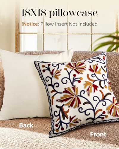Embroidered Throw Pillow Cover - 18x18 Decorative Pillow Cover with Zipper Aesthetic Cute Design Boho Spring Summer Throw Pillowcase for Living Room Couch Sofa Bed, Fall Flower - color: Fall Flower, size: 18" x 18" (Pack of 1)
