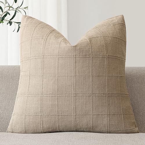 Foindtower Set of 1 Decorative Linen Check Throw Pillow Cover Neutral Farmhouse Vintage Cushion Cover Modern Coastal Boho Home Decor for Sofa Chair Couch Bedroom Living Room,16×16 Inch,Camel - color: Camel, size: 16" x 16" (Pack of 1)