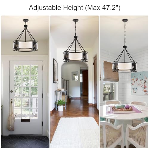 20'' Black Drum Chandeliers, 5Lights Black and White Drum Chandelier Modern Industrial Pendant Light Fixture, Adjustable Fabric Chandelier for Dining Room Kitchen Island Living Room Foyer E26 - color: 20InchBlack