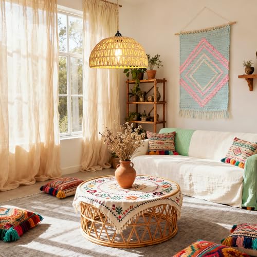 Boho Pendant Light Plug in: Rattan Hanging Lamp with 14.7ft Plug in Cord, Adjustable Height Hand Woven Hanging Light Fixture for Living Room, Bedroom, Dining Room, Kitchen, E26 No Bulb