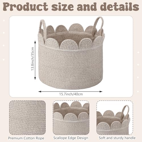 LemonRoad Brown Variegated Round Basket Large Blanket Basket 15.8" L X 15.8" W X13.8" H Scalloped Woven Baskets Cotton Storage Baskets for Nursery Classroom Closet Blankets Storage Home Decor - color: Brown Variegated, size: 15.8" L X 15.8" W X13.8" H