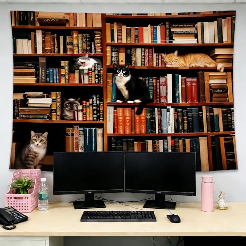 gsgfdshf Vintage Cat Library Wall Tapestry, Cat Room Decor, Retro Bookshelf Cute Kitten Tapestry Wall Hanging for Bedroom Home Reading Nook Room Library Decor, 50x60 Inch - color: Landscape Text-Tapestry-G